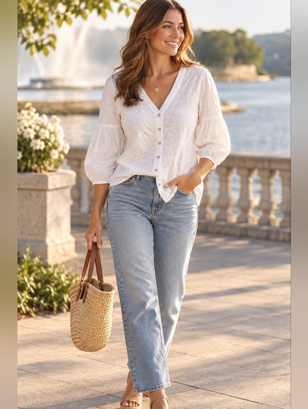 J. Jill White Cotton Eyelet Button-Front Blouse Poof 3/4 Sleeve Classic Preppy S